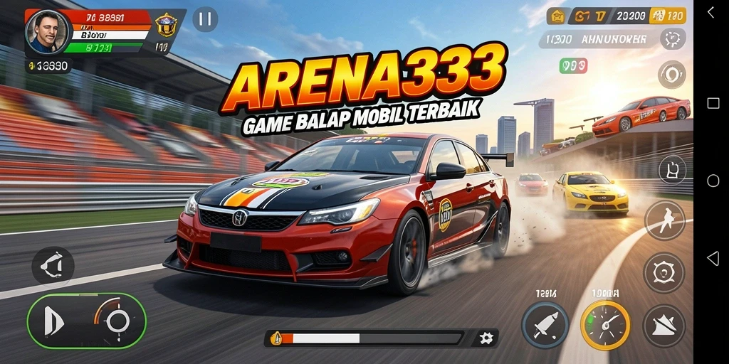 Screenshot gameplay ARENA333 menampilkan balapan mendebarkan dengan mobil cepat.