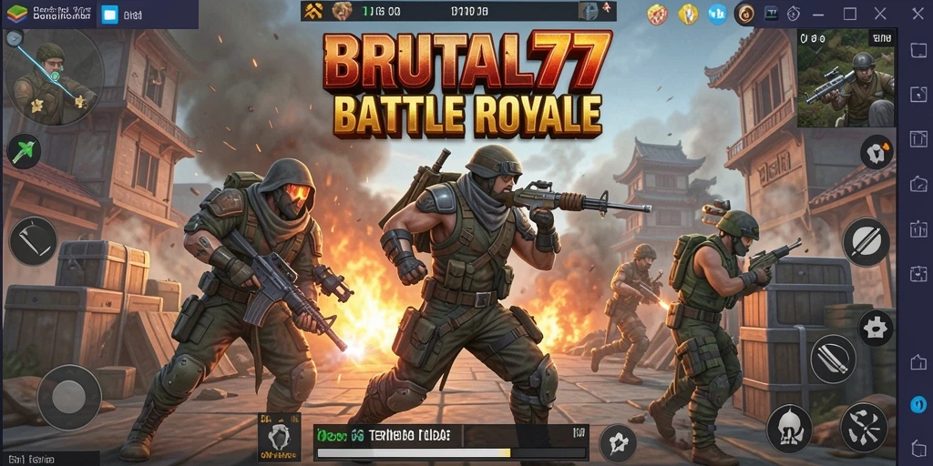 Tampilan permainan <strong>BRUTAL77</strong> yang menampilkan pertempuran seru di medan tempur Battle Royale.