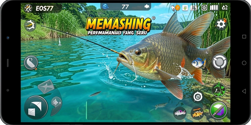 Screenshot utama EOS77 menampilkan aksi memancing yang mengasyikkan.