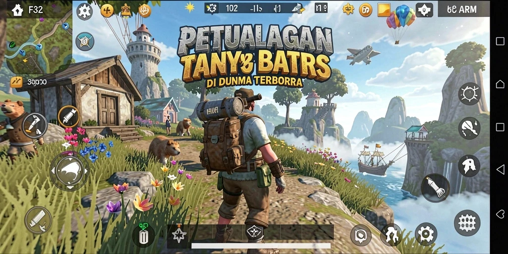 Tangkapan layar permainan F32 dengan landscape indah dan karakter yang berpetualang.