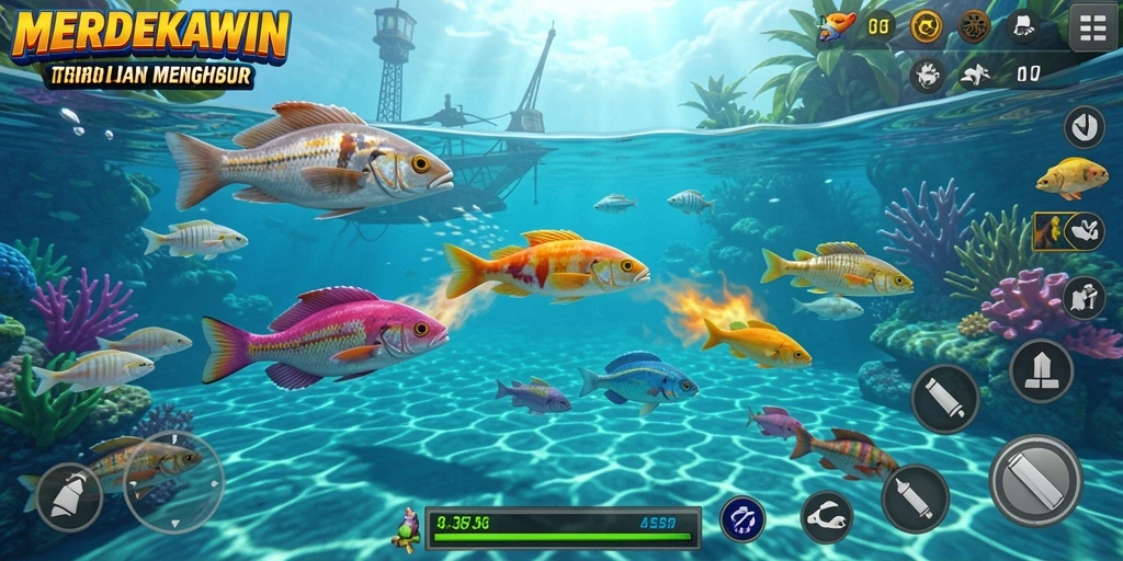 Screenshot gameplay MERDEKAWIN menampilkan serunya menembak ikan di bawah laut.
