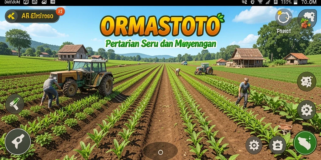 Screenshot menunjukkan pengalaman gameplay seru di ORMASTOTO dengan aktivitas bertani.