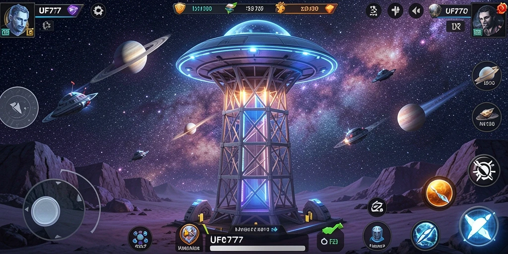 Tangkapan layar UFO777 menampilkan aksi seru dengan menara pertahanan di medan perang.